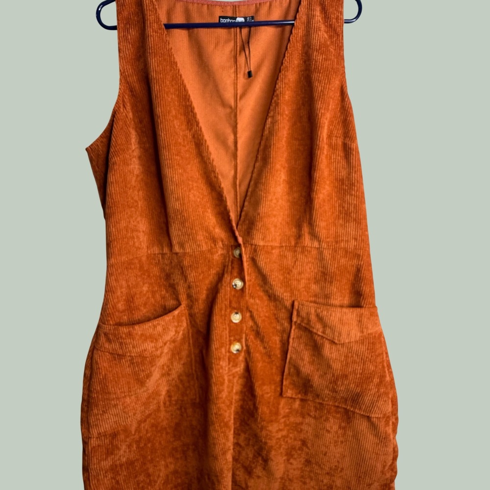 Boohoo Blue Womens Corduroy Pinafore Dress Burnt Orange Button Front Mini Sz 14